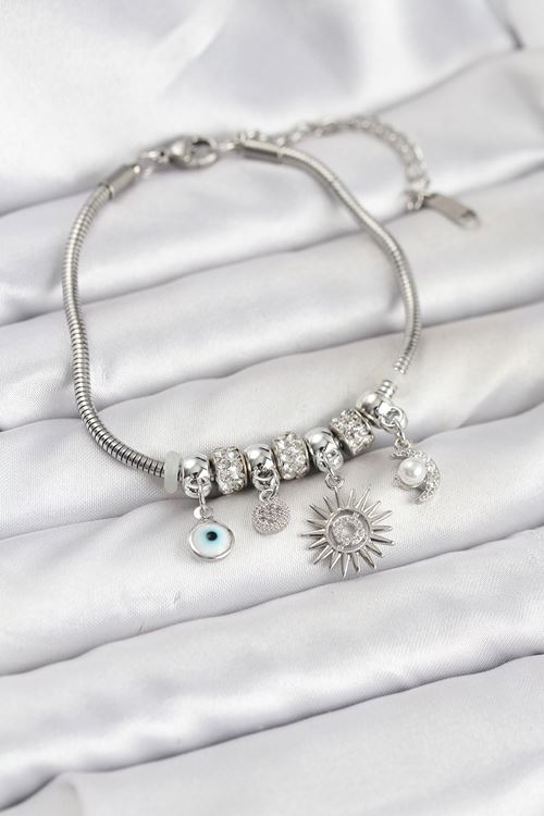 YRTCL Pirinç Gümüş Renk Güneş Charmlı Kadın Bileklik