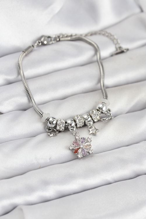 YRTCL Pirinç Gümüş Renk Renkli Yıldız Charmlı Kadın Bileklik