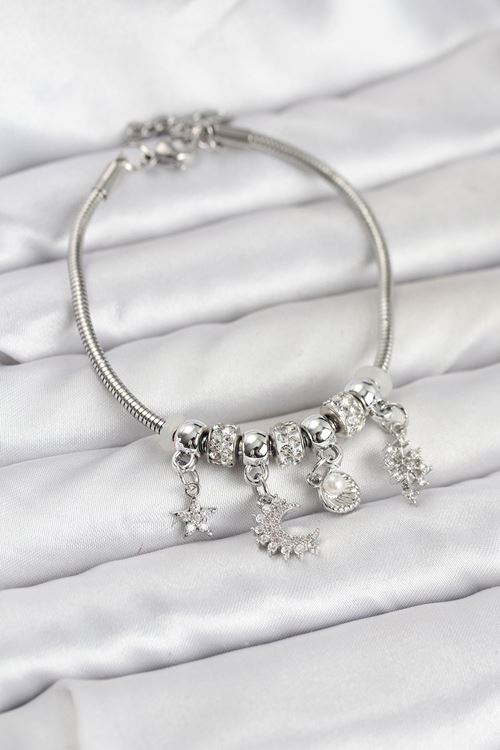 YRTCL Pirinç Gümüş Renk Ay Charm Model Charmlı Kadın Bileklik