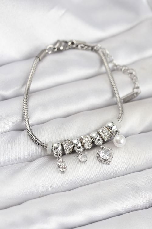 YRTCL Pirinç Gümüş Renk Kalp Charmlı Kadın Bileklik