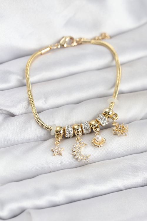 YRTCL Pirinç Gold Renk Ay Charm Model Charmlı Kadın Bileklik