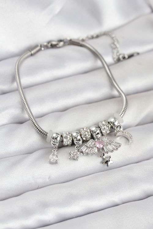 YRTCL Pirinç Gümüş Renk Kanatlı Charmlı Kadın Bileklik