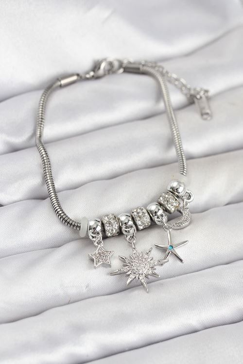 YRTCL Pirinç Gümüş Renk Güneş Tema Charmlı Kadın Bileklik