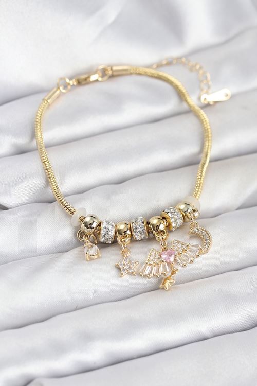 YRTCL Pirinç Gold Renk Kanatlı Charmlı Kadın Bileklik