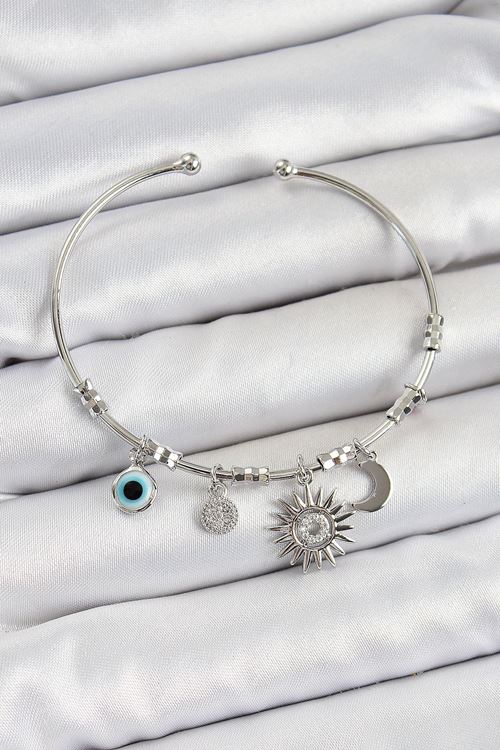 YRTCL Pirinç Zirkon Taşlı Güneş Ay Ve Nazar Model Gümüş Renk Charm Bileklik