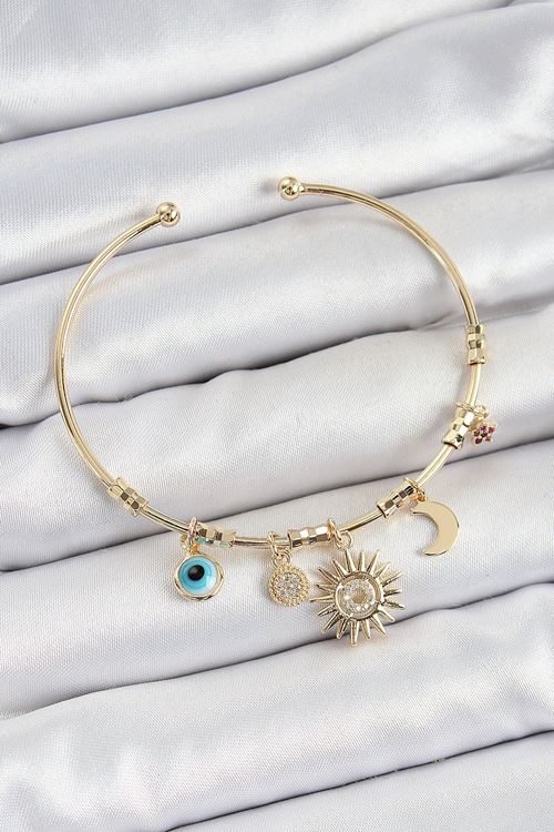 YRTCL Pirinç Zirkon Taşlı Güneş Ay Nazar Model Gold Renk Charm Bileklik
