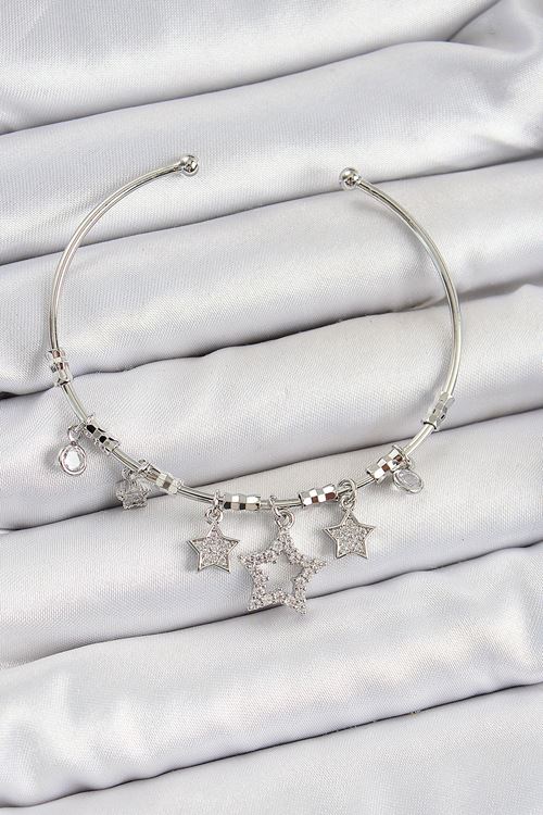 YRTCL Pirinç Zirkon Taşlı Yıldız Model Gümüş Renk Charm Bileklik