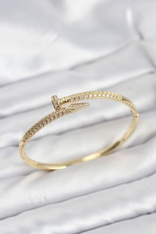 YRTCL Pirinç Gold Renk Zirkon Taşlı Çivi Model Kadın Kelepçe Bileklik