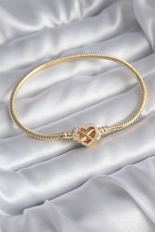 YRTCL Pirinç Gold Renk Zirkon Taşlı Kalp Sonsuzluk Model Charm Kadın Bileklik