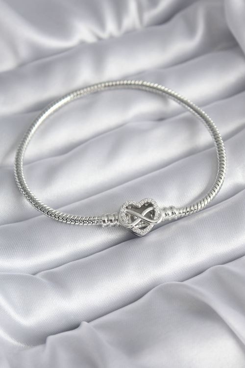 YRTCL Pirinç Gümüş Renk Zirkon Taşlı Kalp Sonsuzluk Model Charm Kadın Bileklik