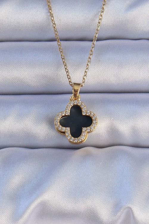 YRTCL 316L Çelik Gold Renk Siyah Mineli Zirkon Taşlı Yonca Figürlü Kolye