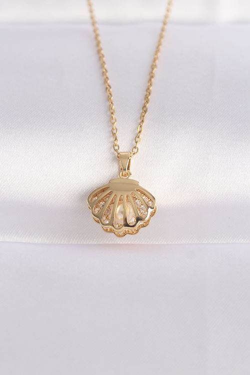 YRTCL 316L Çelik Zincir Altın Renk Zirkon Taşlı İnci Detay İstiridye Kolye