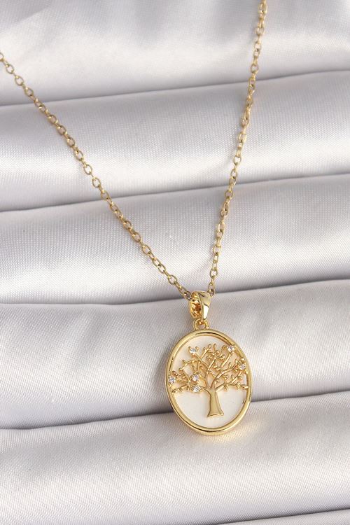 YRTCL 316L Çelik Gold Renk Zincir Zirkon Taş Detaylı Beyaz Mineli Ağaç İşlemeli Portre Model Kadın Kolye