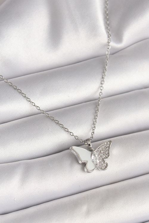 YRTCL 316L Çelik Gümüş Renk Zincir Zirkon Taşlı Beyaz Mineli Kelebek Model Kadın Kolye