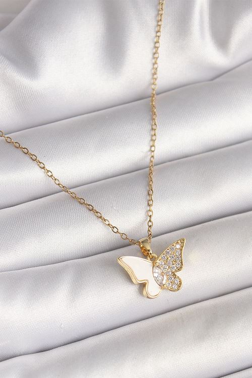YRTCL 316L Çelik Gold Renk Zincir Zirkon Taşlı Beyaz Mineli Kelebek Model Kadın Kolye