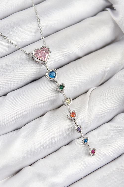 YRTCL Pirinç Renkli Zirkon Taşlı Kalp Model Gümüş Renk Kadın Y Kolye