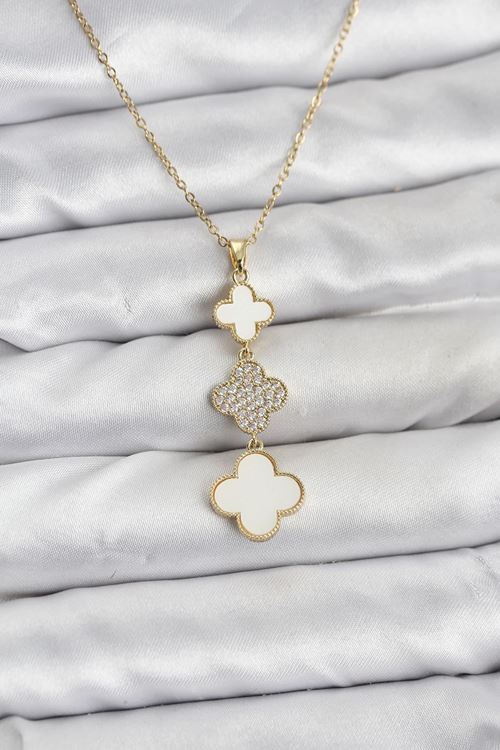 YRTCL 316L Çelik Zincir Gold Renk Yonca Detaylı Zirkon Taşlı Kadın Kolye