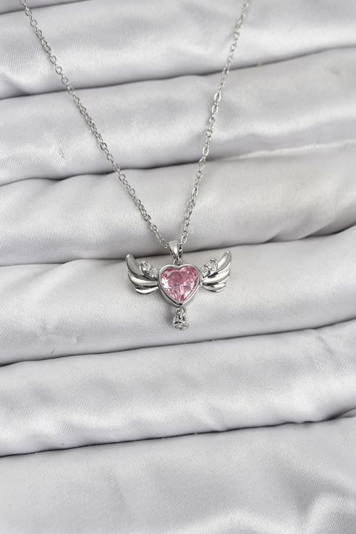 YRTCL 316L Çelik Zincir Gümüş Renk Kanatlı Kalp Model Zirkon Taşlı Kadın Kolye