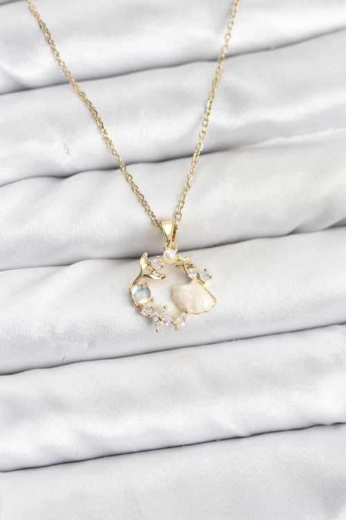 YRTCL 316L Çelik Zincir Gold Renk Deniz Tema Model Zirkon Taşlı Kadın Kolye