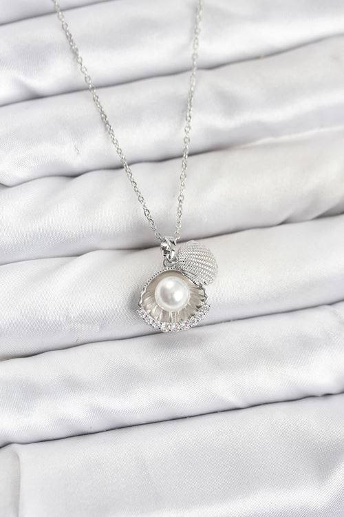 YRTCL 316L Çelik Zincir Gümüş Renk İncili Deniz Kabuğu Model Zirkon Taşlı Kadın Kolye