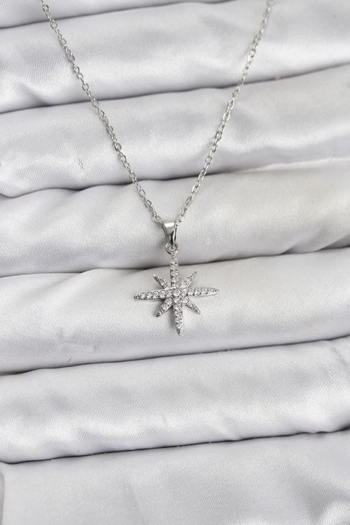 YRTCL 316L Çelik Zincir Gümüş Renk Kutup Yıldızı Model Zirkon Taşlı Kadın Kolye