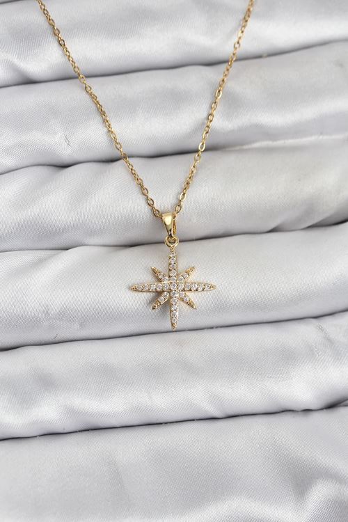 YRTCL 316L Çelik Zincir Gold Renk Kutup Yıldızı Model Zirkon Taşlı Kadın Kolye