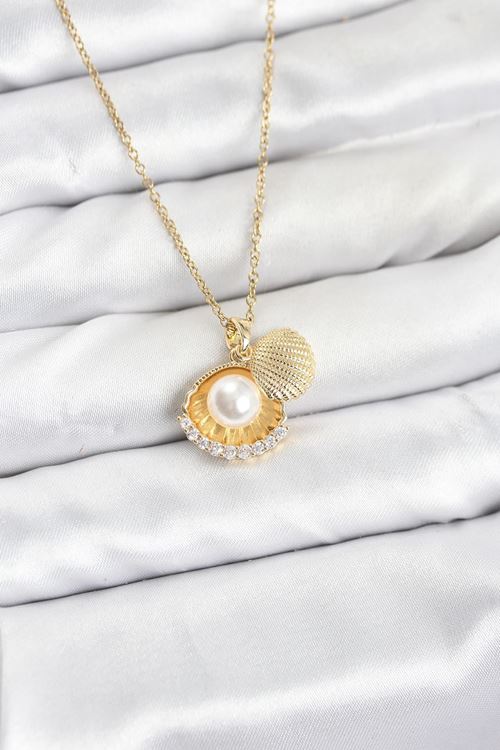 YRTCL 316L Çelik Zincir Gold Renk İncili Deniz Kabuğu Model Zirkon Taşlı Kadın Kolye