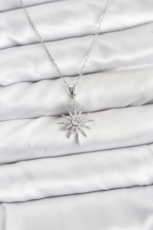 YRTCL 316L Çelik Zincir Gümüş Renk Kutup Yıldızı Model Zirkon Taşlı Kadın Kolye