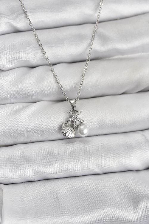 YRTCL 316L Çelik Zincir Gümüş Renk Deniz Kabuğu ve Deniz Yıldızı Model Zirkon Taşlı Kadın Kolye