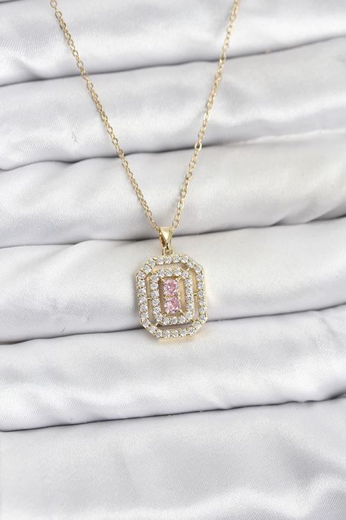 YRTCL 316L Çelik Zincir Gold Renk Plaka Model Zirkon Taşlı Kadın Kolye