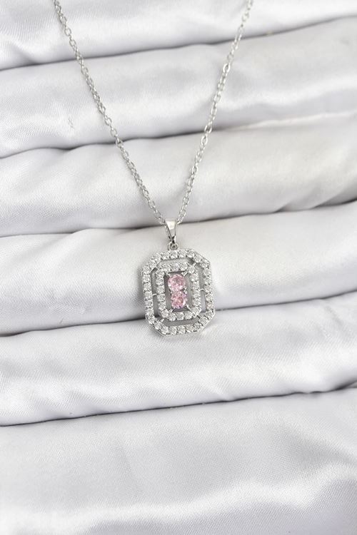 YRTCL 316L Çelik Zincir Gümüş Renk Plaka Model Zirkon Taşlı Kadın Kolye