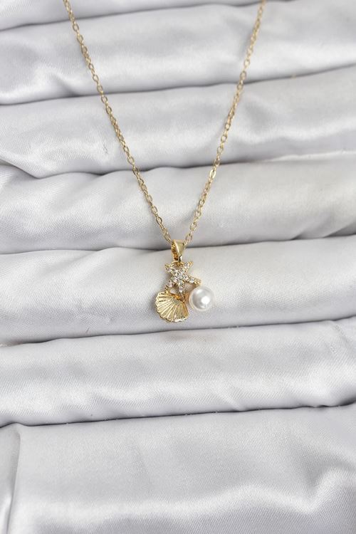 YRTCL 316L Çelik Zincir Gold Renk Deniz Kabuğu ve Deniz Yıldızı Model Zirkon Taşlı Kadın Kolye