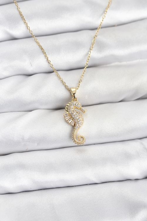 YRTCL 316L Çelik Zincir Gold Renk Deniz Atı Model Zirkon Taşlı Kadın Kolye
