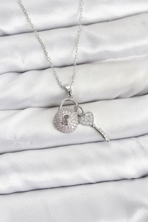 YRTCL 316L Çelik Zincir Gümüş Renk Kilit Anahtar Model Zirkon Taşlı Kadın Kolye
