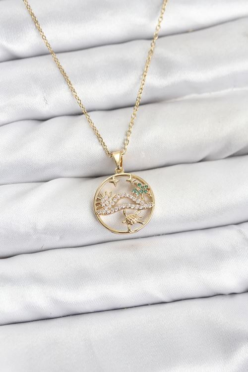 YRTCL 316L Çelik Zincir Gold Renk Şans Kolyesi Model Zirkon Taşlı Kadın Kolye