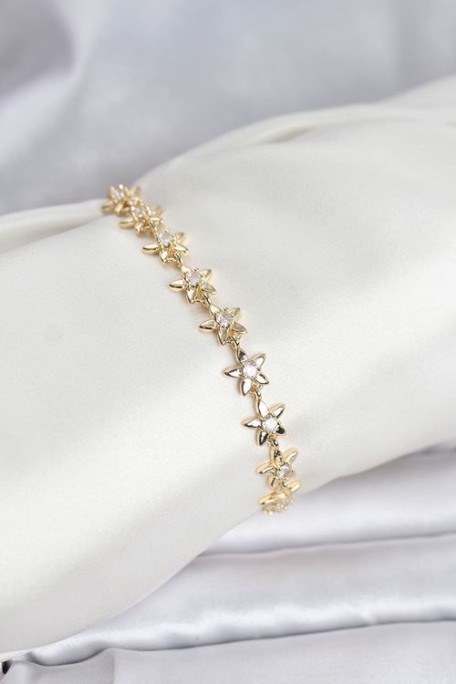 YRTCL Pirinç Gold Renk VIP Seri Sıralı Taşlı Yıldız Model Zirkon Taşlı Kadın Bileklik