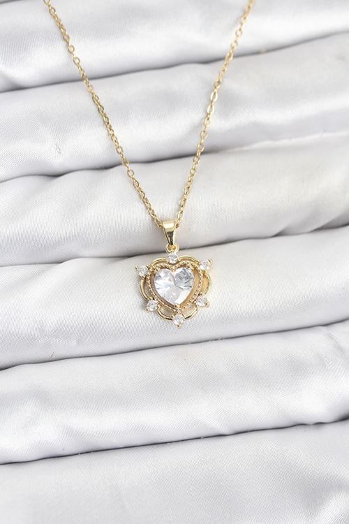 YRTCL 316L Çelik Zincir Gold Renk Kalp Model Zirkon Taşlı Kadın Kolye