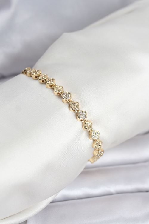 YRTCL Pirinç Gold Renk VIP Seri Sıralı Yonca Model Zirkon Taşlı Kadın Bileklik