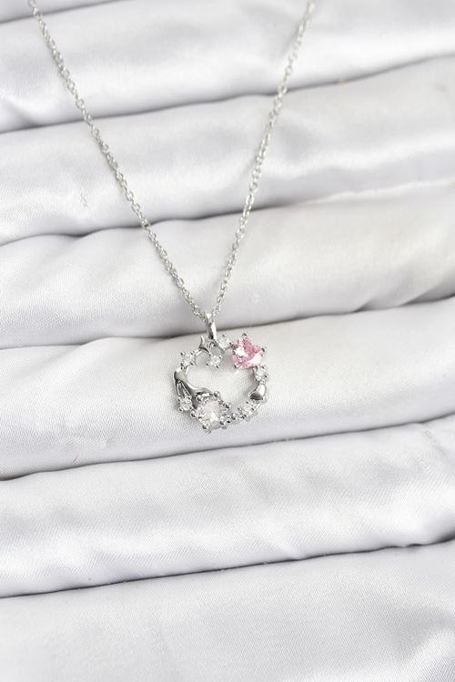 YRTCL 316L Çelik Zincir Gümüş Renk Pembe Taş Detaylı Çelenk Model Kadın Kolye