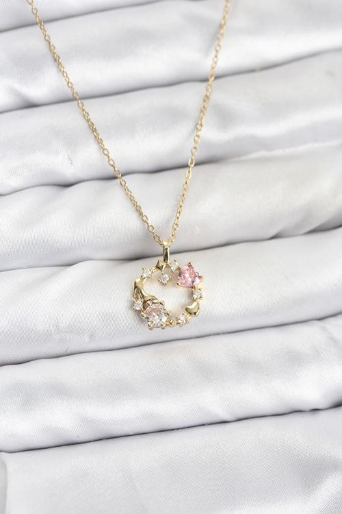 YRTCL 316L Çelik Zincir Gold Renk Pembe Taş Detaylı Çelenk Model Kadın Kolye