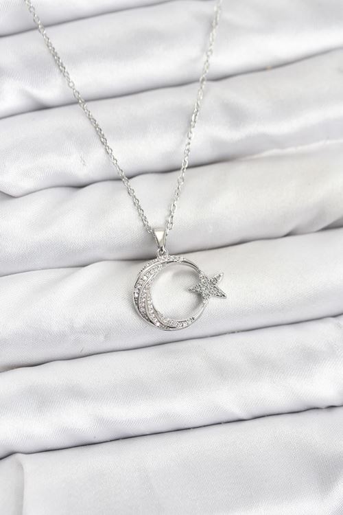 YRTCL 316L Çelik Zincir Gümüş Renk Ay Yıldız Model Zirkon Taşlı Kadın Kolye