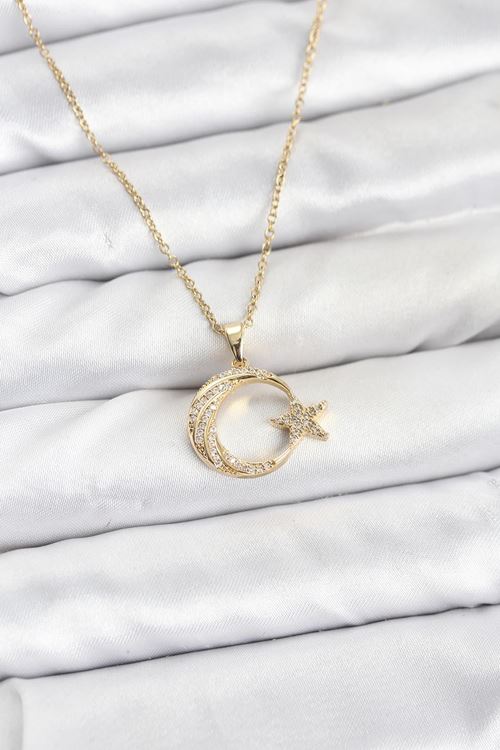 YRTCL 316L Çelik Zincir Gold Renk Ay Yıldız Model Zirkon Taşlı Kadın Kolye