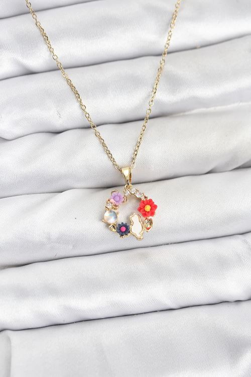 YRTCL 316L Çelik Zincir Gold Renk Çiçekli Kedili Model Kadın Kolye