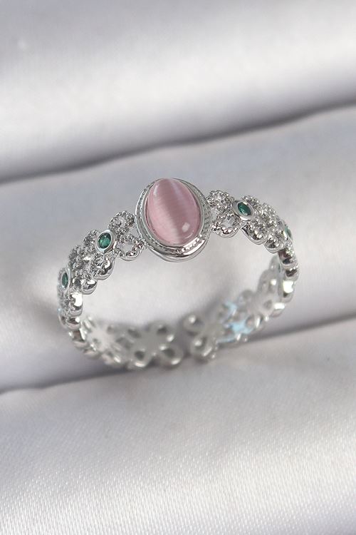 YRTCL Pirinç Gümüş Renk Zirkon Taş Detaylı Pembe Mineli Damla Model Ayarlanabilir Kadın Yüzük