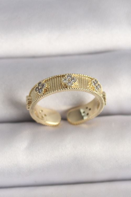 YRTCL Pirinç Gold Renk Zirkon Taşlı Yonca İşlemeli Ayarlanabilir Yüzük