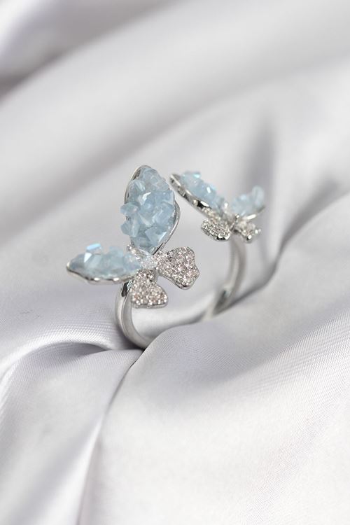 YRTCL Gümüş Renk Mavi Kelebek Model Zirkon Taşlı Kadın Yüzük