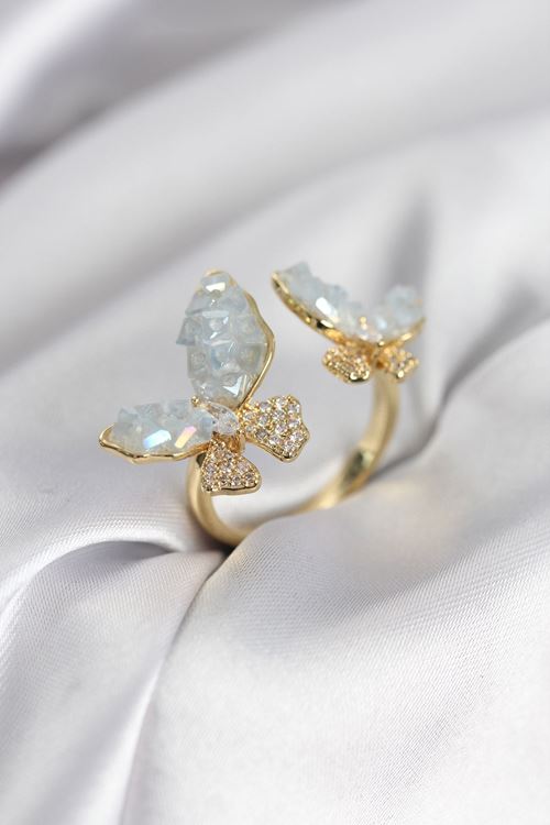 YRTCL Gold Renk Mavi Kelebek Model Zirkon Taşlı Kadın Yüzük