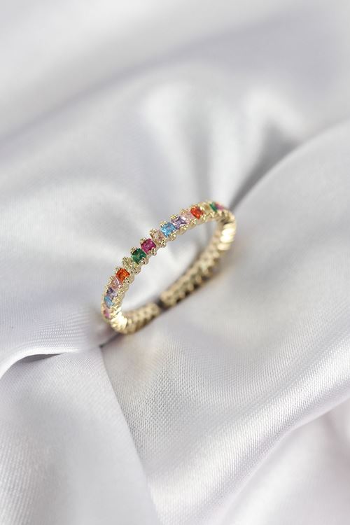 YRTCL Sıralı Karışık Renkli Gold Renk Zirkon Taşlı Kadın Yüzük