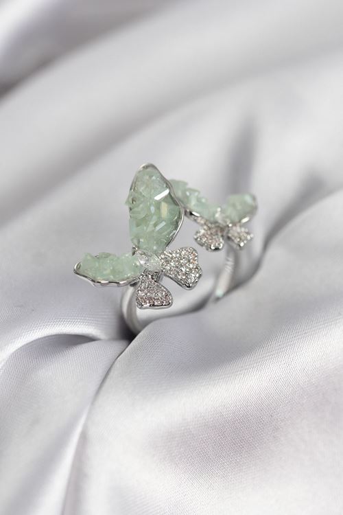 YRTCL Gümüş Renk Su Yeşili Kelebek Model Zirkon Taşlı Kadın Yüzük