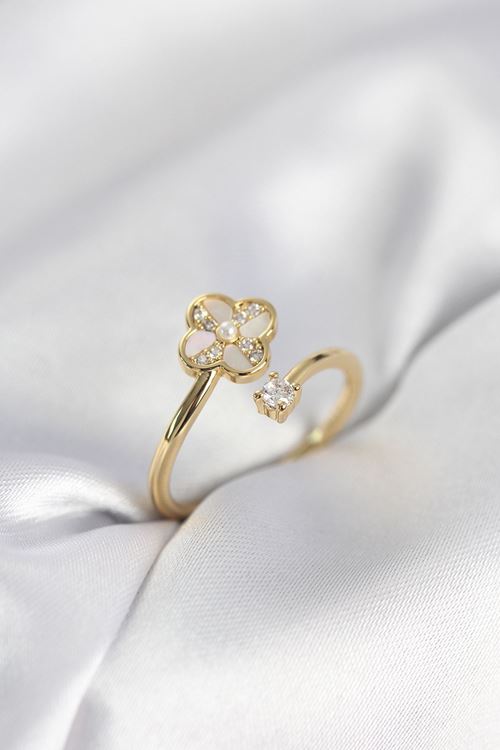 YRTCL Gold Renk Zirkon Taşlı Yonca Model Kadın Yüzük